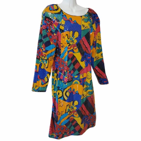 VTG 70s/80s Sequin Party Dress Women's S Colorful Midi Sheath Lined Zip Close - Picture 8 of 10